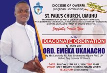 Umuhu Atta community agog as Anglican Bishop of Owerri ordains their son Emeka Ukanacho as Deacon on July 12